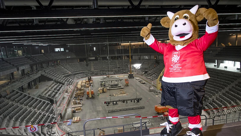Das WM-Maskottchen "Cooly" in der neuen Arena in Lausanne