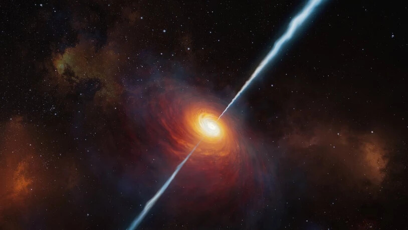 Eine künstlerische Darstellung des Quasars mit dem Namen P172+18. Er ist so weit entfernt, dass sein Licht etwa 13 Milliarden Jahre unterwegs war, bis es die Erde erreichte. (Handout ESO)