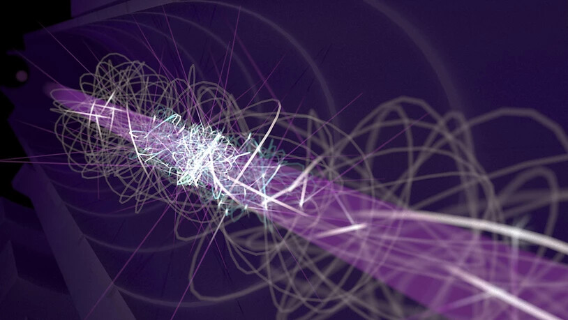 Eine künstlerische Darstellung wie sich ein Anti-Wasserstoffatom in der Alpha-Magnetfalle bewegt, vor (grau) und nach (blau) der Laserkühlung. (Pressebild)