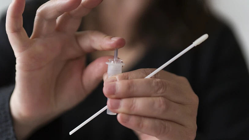 Eine Frau macht einen Coronavirus Antigen-Selbsttest mit Nasenabstrich bei sich zu Hause. (Archivbild)