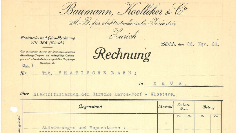 Feinsäuberlich listete die Firma Baumann, Kölliker & Co alle Abänderungen auf.