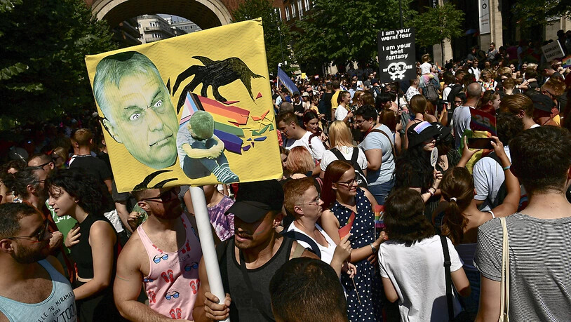 Menschen halten bei einer Pride Parade ein Plakat mit dem Gesicht des ungarischen Ministerpräsidenten Orban. In diesem Jahr fand der Marsch vor dem Hintergrund der Politik Orbans statt, die sich verstärkt gegen Homosexuelle und andere sexuelle…