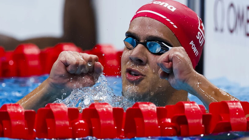 Noè Ponti hat allen Grund zum Jubeln: Der erst 20-jährige Tessiner gewinnt im olympischen Becken über 100 m Delfin die Bronzemedaille