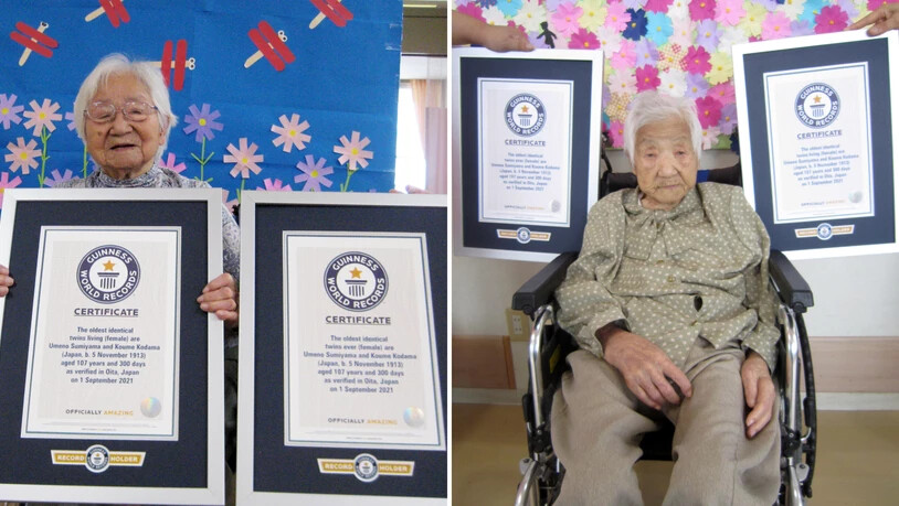 Diese Kombination aus zwei undatierten Fotos, die von Guinness World Records am Dienstag, 21. September 2021, veröffentlicht wurde, zeigt die Schwestern Umeno Sumiyama (l) und Koume Kodama in verschiedenen Pflegeheimen auf der Insel Shodoshima (l) und in…
