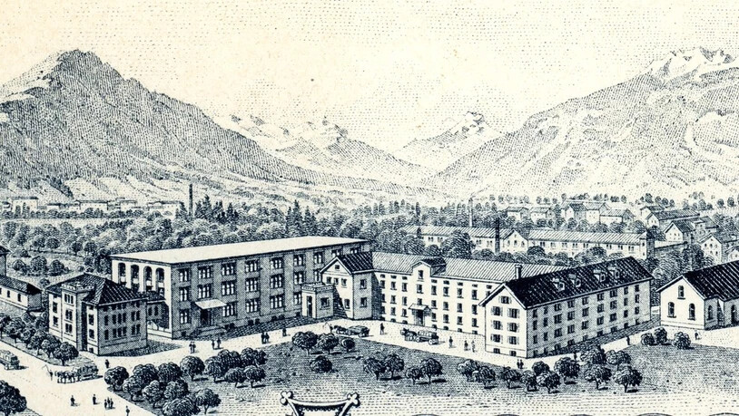 Die «Schoggi Grison»: Die Firma Chocolat Müller & Bernhard wurde 1893 von Charles Müller und Carl Georg Bernhard gegründet und später in Chocolat Grison umbenannt. Ansicht der Fabrikgebäude an der Wiesentalstrasse. Briefkopf, nach 1905.