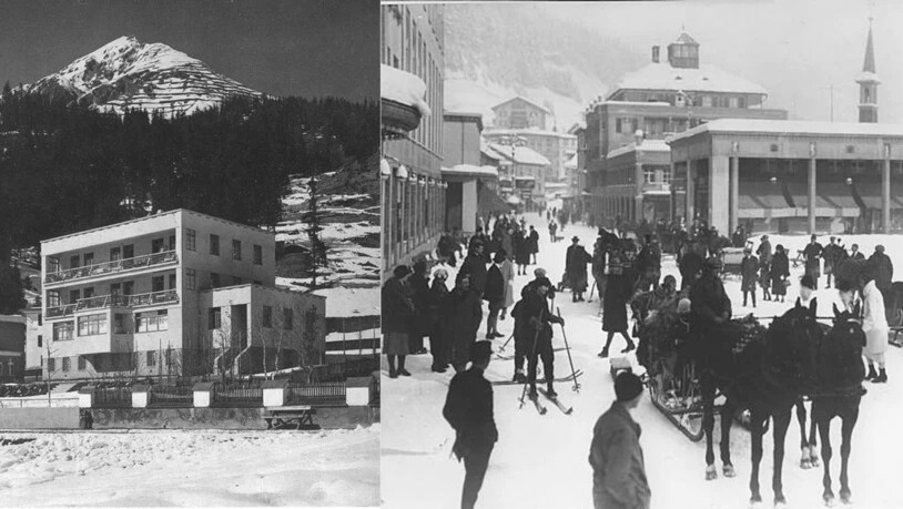 Links: die Villa Burckhardt. Rechts: Alles war auf der Promenade unterwegs ausser Autos: Die waren bis 1925 in Graubünden verboten.