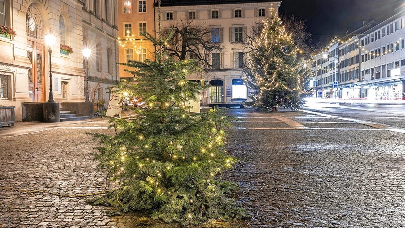Mit Wünschen schmücken: Der «Wunschbaum» auf dem Rathausplatz in Glarus.