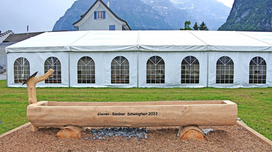 Grosser Aufwand: Für das Glarner-Bündner Schwingfest werden in der Bärenhoschet in Netstal überdachte Tribünen aufgebaut sowie der obligate Holzbrunnen für die Schwinger.