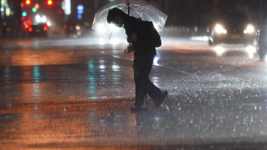 Eine Person hält einen Regenschirm gegen starken Wind und Regen, während sie eine Straße in Tokio überquert. Foto: Eugene Hoshiko/AP/dpa