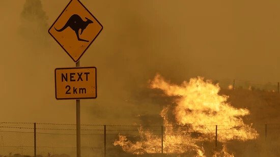 ARCHIV - Feuer brennt im Gras in der Nähe von Bumbalong, südlich der australischen Hauptstadt Canberra. Foto: Rick Rycroft/AP/dpa
