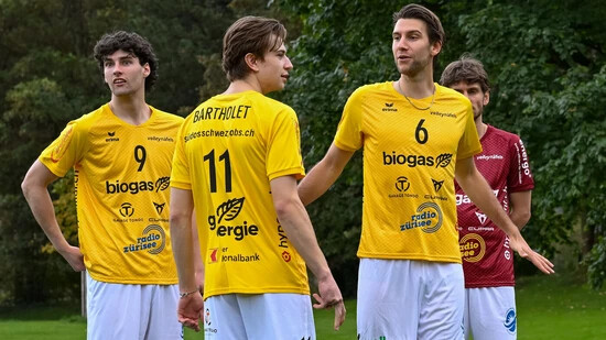 Gute Stimmung im Team: Neo-Stammspieler Nico Süss (Nummer 6) umgeben von den drei Neuen Joshua Young, Christian Bartholet und Samuel Blaser (von links).