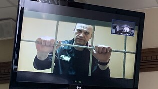 ARCHIV - Alexej Nawalny, russischer Oppositionspolitiker, wird in einem Gerichtssaal in Wladimir per Videoverbindung aus dem Gefängnis zugeschaltet und ist auf einem Bildschirm zu sehen. Foto: Vladimir Kondrashov/AP/dpa