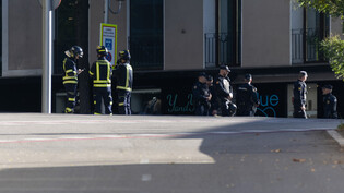 Polizisten und Feuerwehrleute stehen vor der US-Botschaft in Madrid, wo eine Briefbombe eingegangen ist. Foto: Eduardo Parra/EUROPA PRESS/dpa