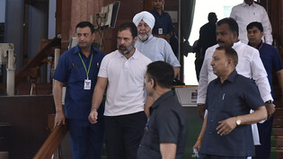 Rahul Gandhi (2.v.l), Oppositionsführer der Kongresspartei, verlässt das Parlamentsgebäude. Nach dem Urteilsspruch hat Gandhi, einer der führenden Oppositionspolitiker Indiens, nun auch seinen Sitz im Parlament verloren. Gandhi war einen Tag zuvor zu…