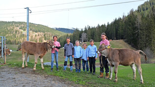 (V.l.): Belinda, Curdin, Kilian, Armando, Nando und Jana mit den Zwillingskälbern Casanna und Calanda (Familie Pleisch) freuen sich auf die Viehschau.  