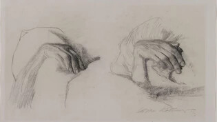 "Zwei Studien einer Hand" von Käthe Kollwitz aus der Sammlung von Jasper Johns, die im Kunstmuseum Basel zu sehen ist.