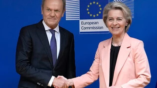 ARCHIV - Ursula von der Leyen (r), Präsidentin der Europäischen Kommission, begrüßt Donald Tusk, Vorsitzenden der polnischen Bürgerkoalition, am Sitz der EU in Brüssel. Foto: Virginia Mayo/AP/dpa