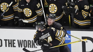 Bostons Doppeltorschütze Jake DeBrusk jubelt mit Brandon Carlo über dessen Treffer zum 2:0 gegen die Toronto Maple Leafs