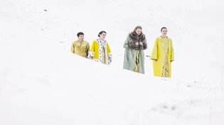Die Mitwirkenden der «Winterreise» im Schnee: Antonis Michalopoulos (links), Sybille Diethelm, (2. von links), Martin Mairinger und Cornelia Sonnleithner.