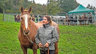 Von den Freibergern angetan: Nina Leston-Flütsch posiert mit der Stute Rodica auf ihrem Pferdehof in Chur, wo sie seit 2014 zusammen mit ihrem Ehemann und ihrer Schwester Freibergerpferde züchtet. 
