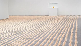 Wolfgang Laib deutscher Künstler stellt im Bündner Kunstmuseum sein Werk Crossing the River aus. Der ganze Raum ist mit Reiskörner bestückt. In der Vitrine das Eucharistiekästchen aus der Zeit um 750.