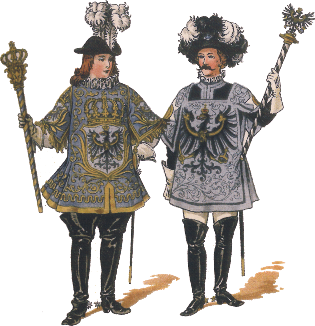 Hier dargestellt sind zwei preussische Herolde, ursprünglich erschien das Bild im Heraldischen Atlas 1899.