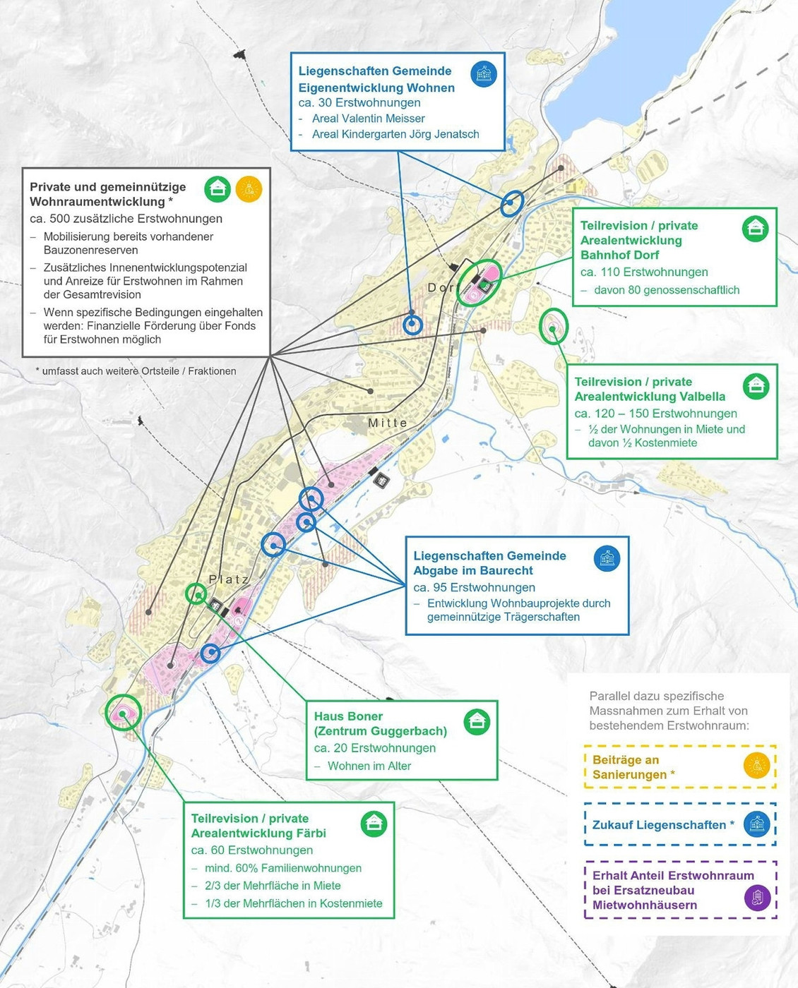 Übersichtsplan potenzielle Wohnraumproduktion bis 2032 (Hintergrundkarte: Siedlungsgebiet [gelb] und Innenentwicklungsgebiete [rosa] gemäss Kommunalem räumlichem Leitbild).  